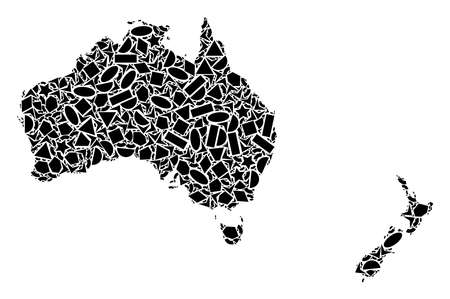 Mosaic map of Australia and New Zealand designed with black flat geometric objects, such as triangles, stars, rectangles, circles, ellipses, segments, sectors, rhombuses, squares, polygons,のイラスト素材