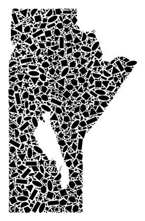 Mosaic map of Manitoba Province created with black flat geometric figures, such as triangles, stars, rectangles, circles, ellipses, segments, sectors, rhombuses, squares, polygons, semi-circles.のイラスト素材