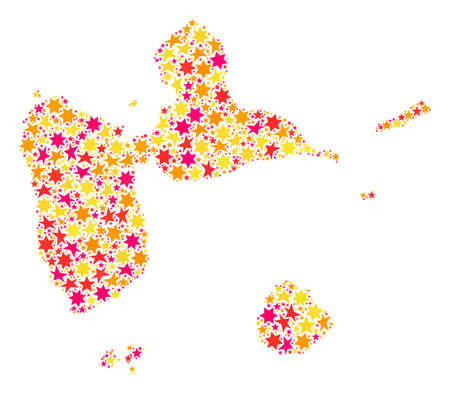 Collage map of Guadeloupe formed with colored flat stars. Vector colored geographic abstraction of map of Guadeloupe with red, yellow, orange stars. Festive design for Christmas illustrations.のイラスト素材