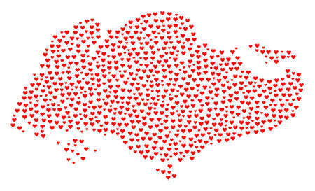 Mosaic map of Singapore created with red love hearts. Vector lovely geographic abstraction of map of Singapore with red romantic symbols. Romantic design for bonus projects.のイラスト素材