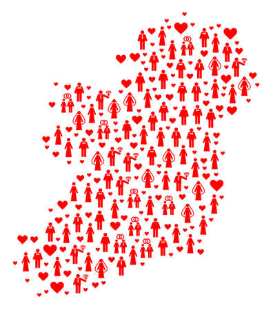 Mosaic map of Ireland Island composed with red marriage ladies and gentlemens. Vector lovely geographic abstraction of map of Ireland Island with red marriage symbols.のイラスト素材