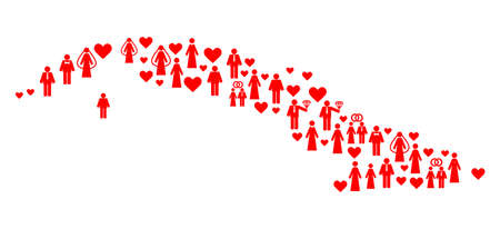Collage map of Cuba Island designed with red lovely ladies and gentlemens. Vector lovely geographic abstraction of map of Cuba Island with red valentine symbols.のイラスト素材