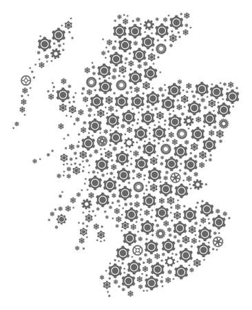 Map of Scotland composed with gray cog symbols. Vector abstract mosaic of map of Scotland with job symbols. Engineering flat design for industry applications.のイラスト素材