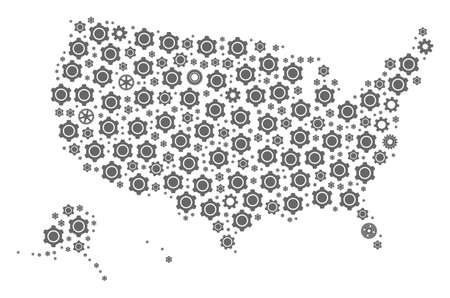 Map of USA territories designed with gray engine symbols. Vector abstract mosaic of map of USA territories with industry symbols. Engineering flat design for industry posters.のイラスト素材