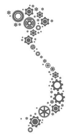 Map of Vietnam created with gray gear symbols. Vector abstract mosaic of map of Vietnam with job symbols. Engineering flat design for technology illustrations.のイラスト素材