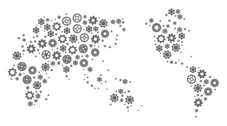 Map of Earth created with gray cog symbols. Vector abstract mosaic of map of Earth with repair symbols. Engineering flat design for repair illustrations.のイラスト素材
