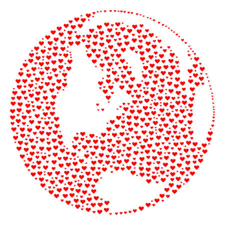 Collage map of global world created with red love hearts. Vector lovely geographic abstraction of map of global world with red romantic symbols. Romantic design for political posters.のイラスト素材