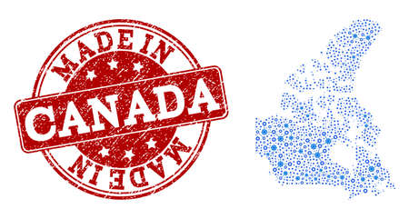 Map of Canada vector mosaic and Made In grunge stamp. Map of Canada formed with blue cog relations. Made in red seal with grunge rubber texture.のイラスト素材