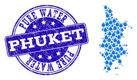 Map of Phuket vector mosaic and Pure Water grunge stamp. Map of Phuket composed with blue liquid dews. Seal with grunge rubber texture for pure drinking water.のイラスト素材