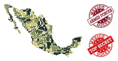 Military camouflage composition of map of Mexico and red rubber seals. Vector top secret and armed forces seals with grunge rubber texture. Army flat design for military purposes.のイラスト素材