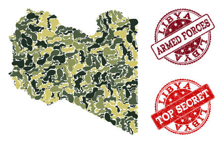 Military camouflage combination of map of Libya and red unclean stamps. Vector top secret and armed forces seals with distress rubber texture. Army flat design for military illustrations.のイラスト素材