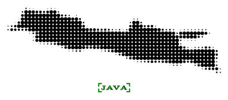Halftone map of Java Island and rubber caption. Vector green title with corners and unclean rubber texture. Halftone map of Java Island designed with black pattern of circles.のイラスト素材