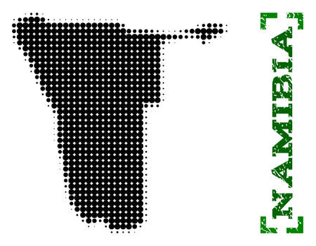 Halftone map of Namibia and rubber caption. Vector green title with corners and distress rubber texture. Halftone map of Namibia designed with black pattern of circles.のイラスト素材