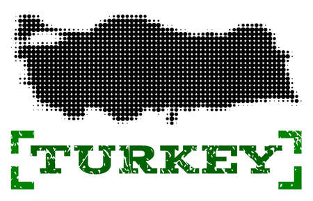 Halftone map of Turkey and unclean caption. Vector green title with corners and unclean rubber texture. Halftone map of Turkey constructed with black pattern of circles.のイラスト素材