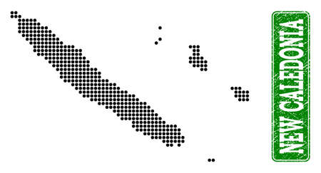 Dotted map of New Caledonia and grunge caption. Vector green title inside rounded rectangle and grunge rubber texture. Pixelated map of New Caledonia constructed with black pattern of round dots.のイラスト素材