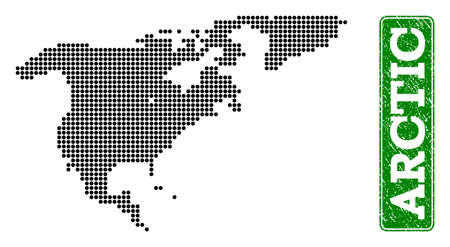 Dotted map of North America and Greenland and rubber caption. Vector green title inside rounded rectangle and distress rubber texture.のイラスト素材