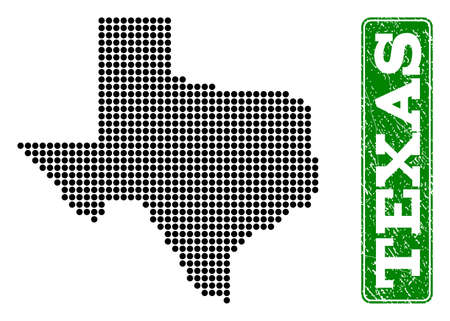 Dotted map of Texas State and corroded caption. Vector green title inside rounded rectangle and corroded rubber texture. Pixelated map of Texas State designed with black pattern of round dots.のイラスト素材