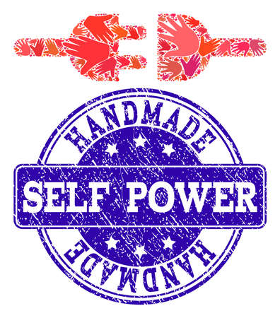 Handmade collage of power supply and unclean seal. Vector blue seal with unclean rubber texture. Flat mosaic design for marketing hand made templates.のイラスト素材