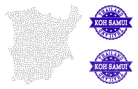 Dotted black map of Koh Samui and blue unclean seal. Vector map of Koh Samui constructed with irregular small spheric dots. Vector blue seal with unclean rubber texture.のイラスト素材