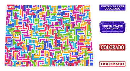 Mosaic tetris style map of Colorado State and unclean rectangle seals. Vector map of Colorado State designed with colorful tetris blocks. Vector seals with grunge rubber texture.のイラスト素材