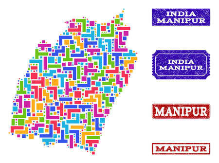 Mosaic tetris style map of Manipur State and grunge rectangle stamps. Vector map of Manipur State constructed with bright colored tetris blocks. Vector seals with grunge rubber texture.