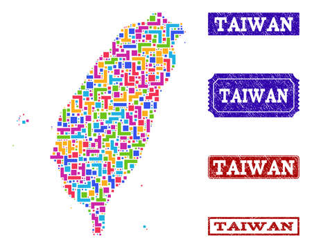 Mosaic tetris style map of Taiwan and unclean rectangle seals. Vector map of Taiwan designed with bright colored tetris blocks. Vector seals with unclean rubber texture.のイラスト素材