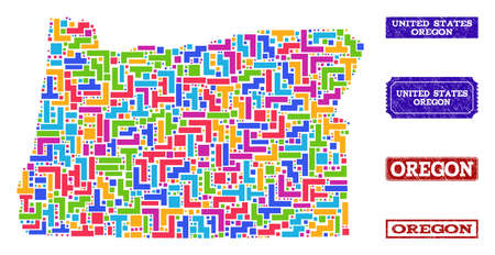 Mosaic Tetris Style Map Of Oregon State And Scratched Rectangle Seals Vector Map Of Oregon State Constructed With Colorful Tetris Elements Vector Seals With Unclean Rubber Texture のイラスト素材 ストックフォト 写真素材 のstock Foto ストックドットフォト