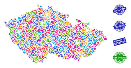 Welcome combination of mosaic map of Czech Republic and rubber seals. Vector greeting seals with corroded rubber texture. Welcome flat design for guest appreciation purposes.のイラスト素材