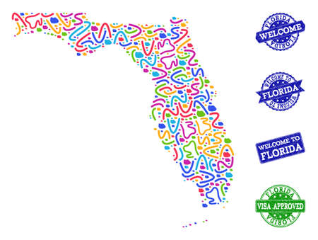 Welcome composition of mosaic map of Florida State and rubber seals. Vector greeting imprints with scratched rubber texture. Welcome flat design for tourist greetings purposes.のイラスト素材