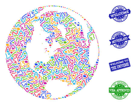 Welcome collage of mosaic map of global world and rubber stamps. Vector greeting seals with unclean rubber texture. Welcome flat design for guest appreciation purposes.のイラスト素材