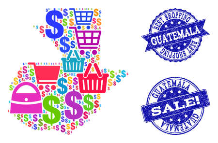 Best shopping collage of mosaic map of Guatemala and scratched stamps. Vector blue imprints with scratched rubber texture for sales. Flat design for promotion templates.のイラスト素材