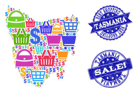 Best shopping collage of mosaic map of Tasmania Island and scratched stamps. Vector blue seals with scratched rubber texture for sales. Flat design for shopping templates.のイラスト素材