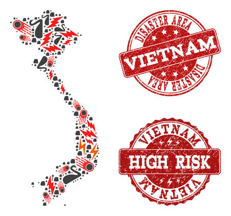 Disaster composition of mosaic map of Vietnam and grunge stamps. Vector red imprints with scratched rubber texture for high risk regions. Flat design for black swan illustrations.のイラスト素材