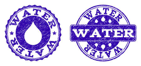 Grunge Water stamp seal watermarks. Water text inside blue retro rubber seals with grunge texture. Rectangle and circle figures are used. Designed for water saving illustrations.のイラスト素材