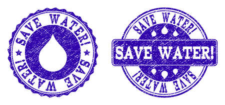 Grunge Save Water! stamp seal watermarks. Save Water! text inside blue retro rubber seals with grunge texture. Rectangle and circle figures are used. Designed for water saving illustrations.のイラスト素材