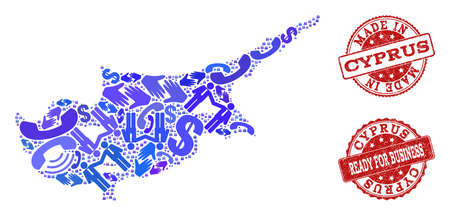 Business Contacts collage of blue mosaic map of Cyprus Island and rubber seal stamps. Vector red imprints with corroded rubber texture have MADE IN and READY FOR BUSINESS texts.のイラスト素材