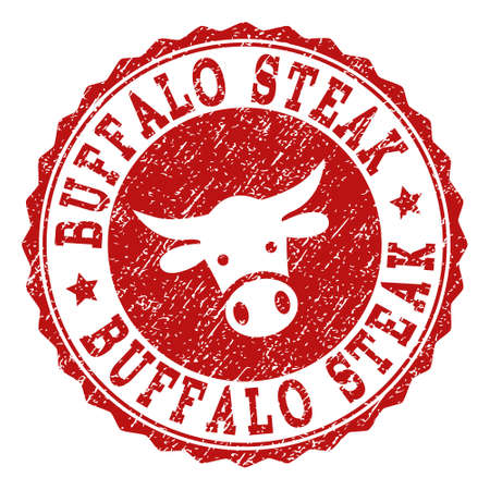 Buffalo Steak stamp seal with grunged texture. Designed with cow head symbol. Red vector rubber stamp with BUFFALO STEAK text and rosette round shape. Designed for steak houses, butchery shops,の写真素材