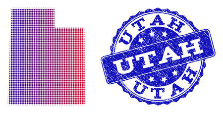Halftone dot map of Utah State and blue rubber seal stamp. Vector halftone map of Utah State constructed with regular small spheric dots and has gradient from blue to red color.のイラスト素材
