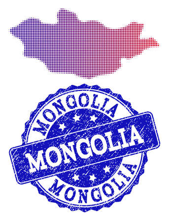 Halftone dot map of Mongolia and blue unclean seal stamp. Vector halftone map of Mongolia designed with regular small spheric dots and has gradient from blue to red color.のイラスト素材