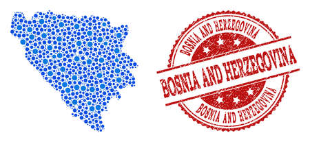Compositions of blue map of Bosnia and Herzegovina and red grunge stamp seal. Mosaic map of Bosnia and Herzegovina is formed with links between circle dots.のイラスト素材