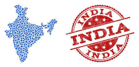 Compositions of blue map of India and red grunge stamp seal. Mosaic map of India is composed with relations between round points. Abstract design elements for internet projects.のイラスト素材