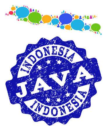 Social network map of Java Island and blue distress stamp seal. Mosaic map of Java Island is designed with blog clouds. Abstract design elements for social network projects.のイラスト素材