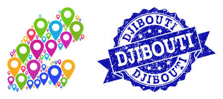 Compositions of colorful map of Djibouti and grunge stamp seal. Mosaic vector map of Djibouti is designed with colorful map markers. Abstract design elements for touristic guides.のイラスト素材