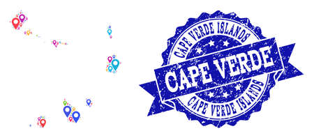 Compositions of colorful map of Cape Verde Islands and grunge stamp seal. Mosaic vector map of Cape Verde Islands is designed with colorful site pins. Abstract design elements for site posters.のイラスト素材