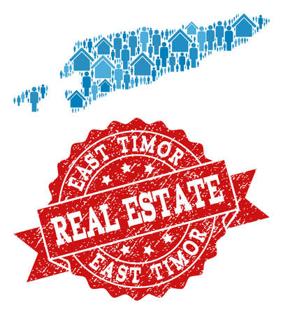 Real Estate collage of blue mosaic map of East Timor and corroded seal stamp. Vector red imprint with scratched rubber texture. Mosaic map of East Timor designed with houses and men.のイラスト素材