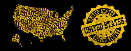 Golden composition of dollar mosaic map of USA territories and rubber seal stamp. Vector watermark with scratched rubber texture.のイラスト素材