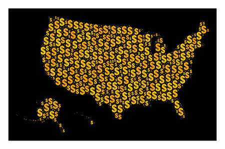 Map of USA territories of golden dollar signs. Flat design for business posters. Abstract map of USA...
