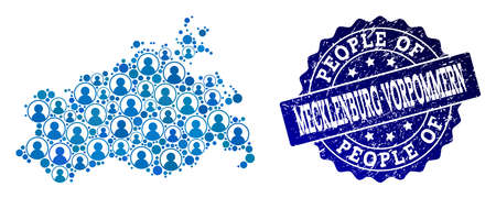 People collage of blue population map of Mecklenburg-Vorpommern State and rubber stamp. Vector seal with unclean rubber texture.のイラスト素材