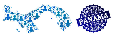 People composition of blue population map of Panama and grunge stamp. Vector watermark with grunge rubber texture. Mosaic map of Panama designed with rounded users. Flat design for patriotic purposes.のイラスト素材