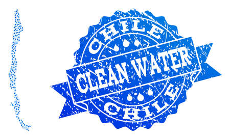 Map of Chile vector mosaic and clean water grunge stamp. Map of Chile designed with blue water tears. Seal with grunge rubber texture for clear drinking water.のイラスト素材